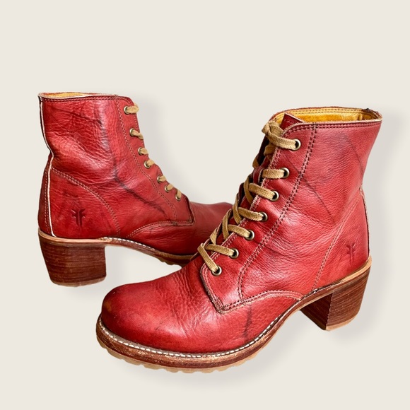 Frye Sabrina 6G Burgundy Vintage Leather Combat Lace Up Block Heel Ankle Boots - Picture 11 of 12